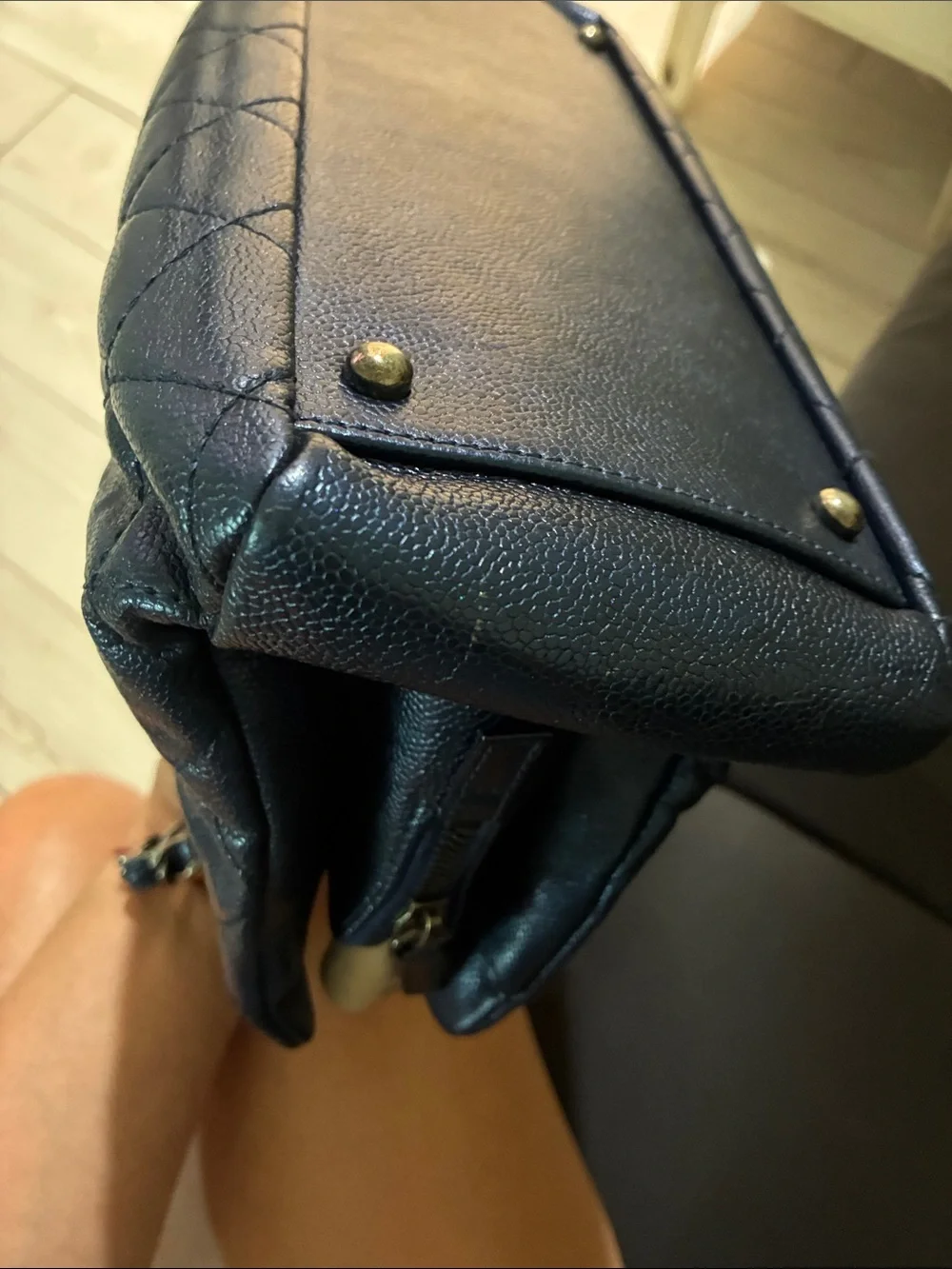 CHANEL Quilted Navy Leather Shoulder Bag with silver CC Charm